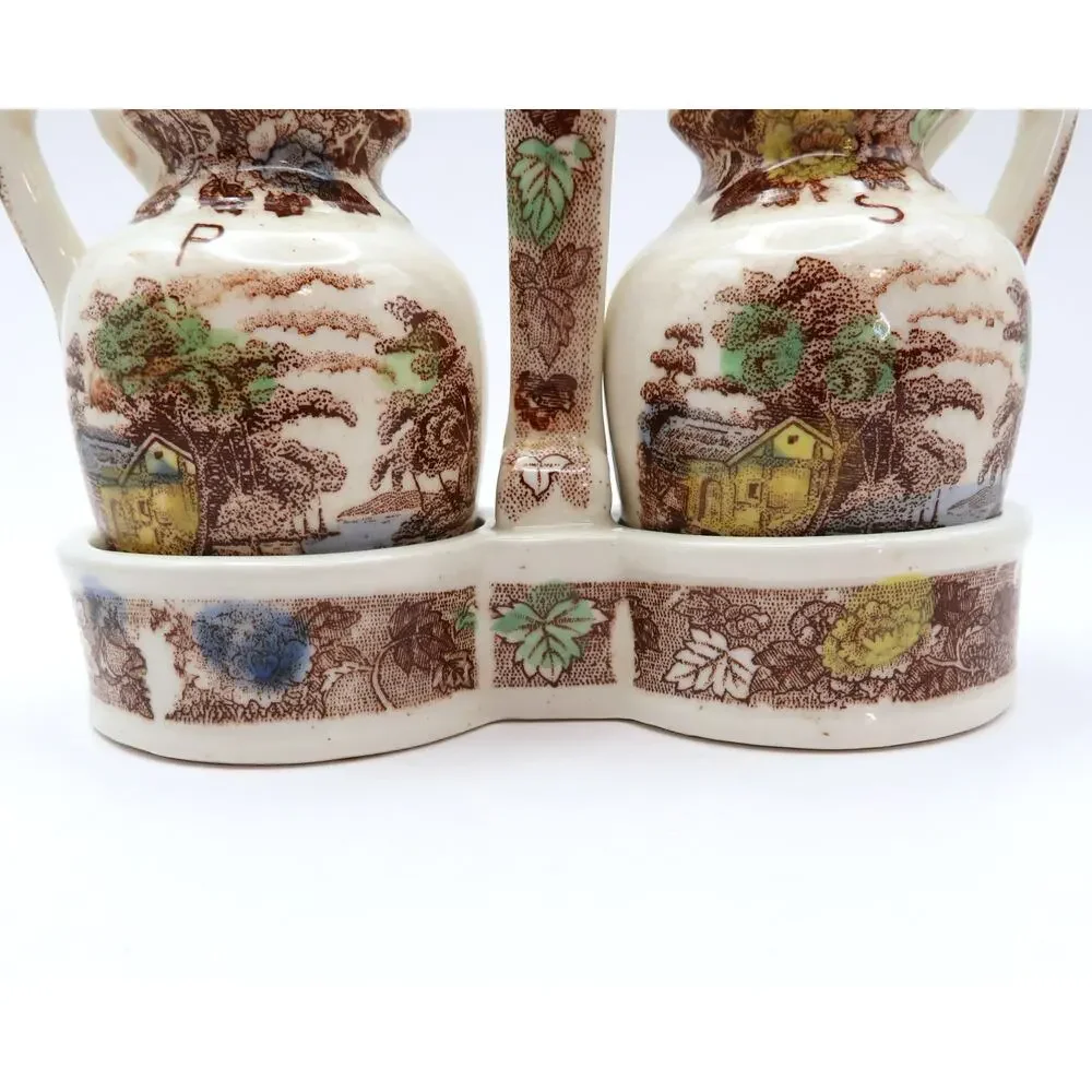 Vintage NASCO Mountain Woodland Salt Pepper Shakers Caddy Transferware Japan